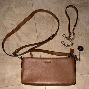 DKNY Tan Leather Crossbody Bag with Chain Detail